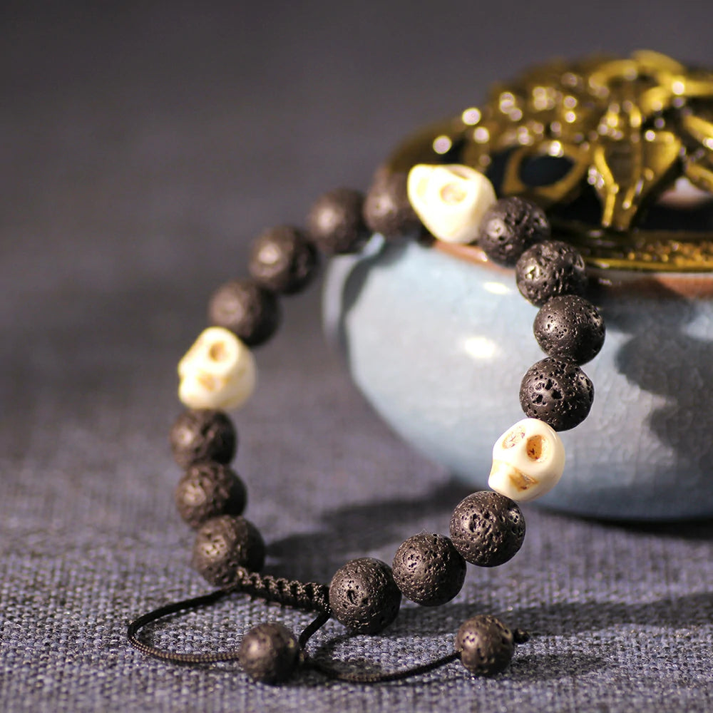 Lava Rock With Ox Bone Skull Bracelet