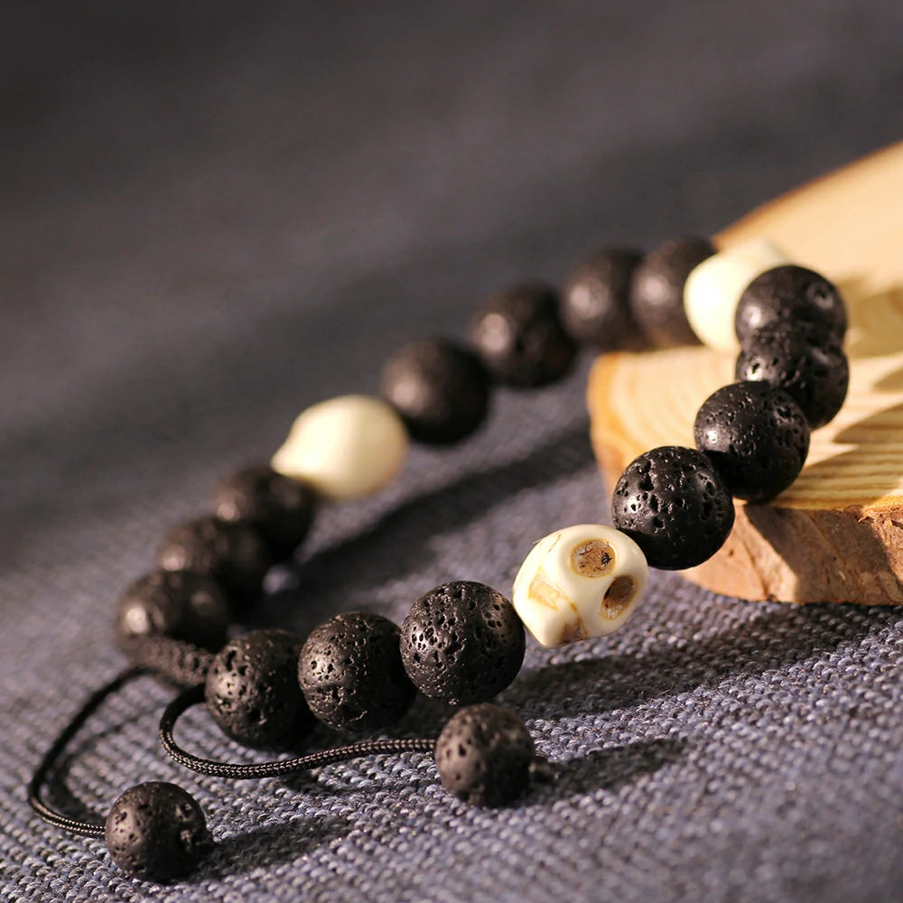 Lava Rock With Ox Bone Skull Bracelet