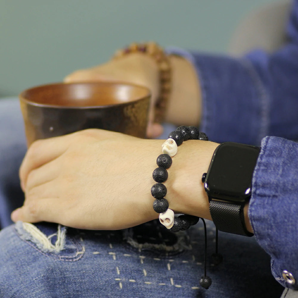 Lava Rock With Ox Bone Skull Bracelet