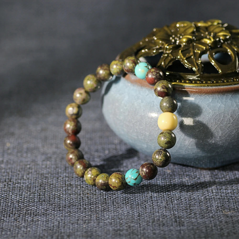 Mystic Dragon Bloodstone Bracelet – Turquoise & Snow White Glazed Glass