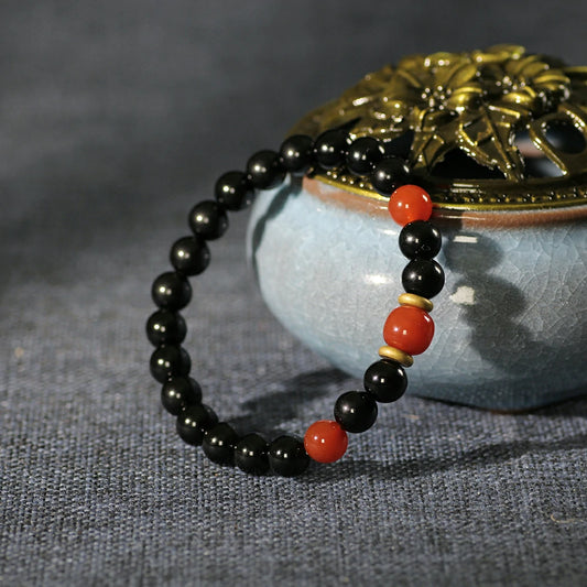 Protection and Abundance Obsidian Bracelet With Red Agate Beads