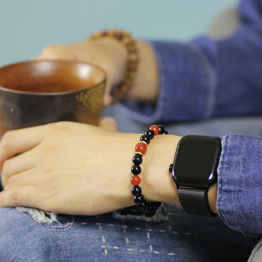 Protection and Abundance Obsidian Bracelet With Red Agate Beads