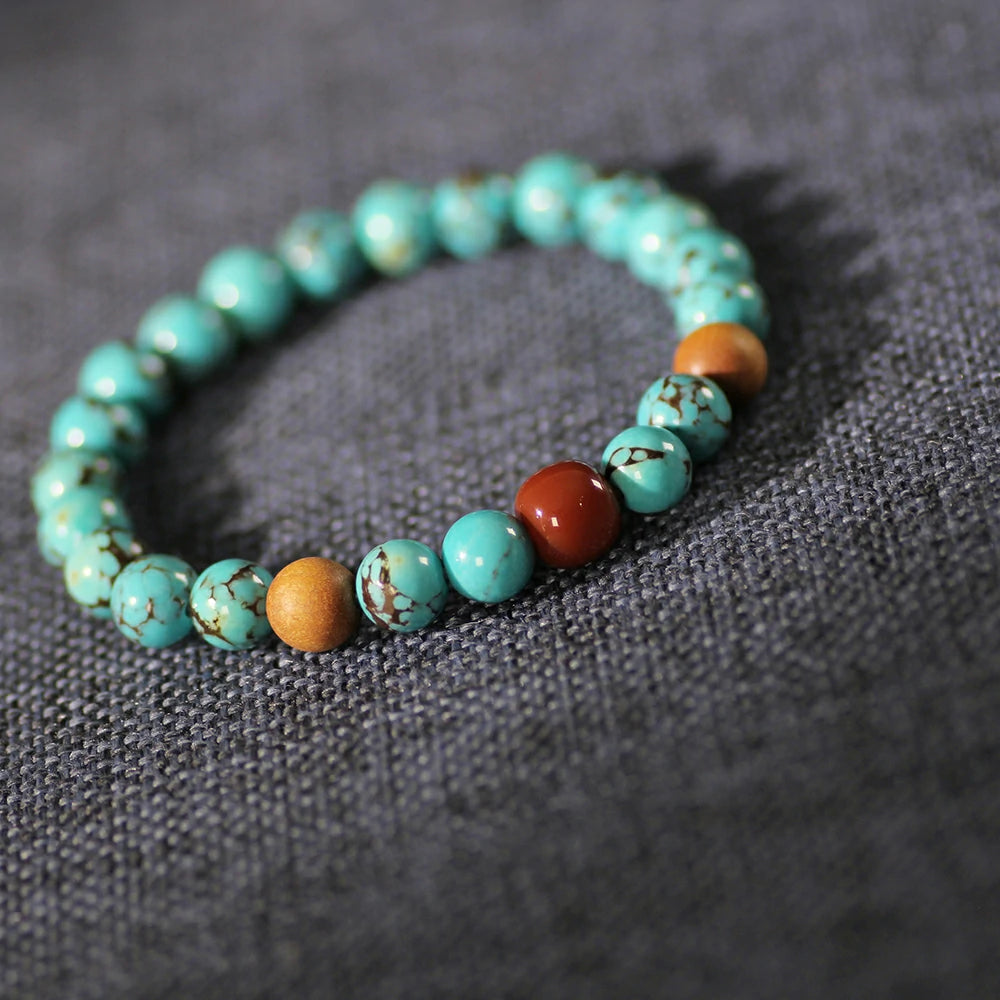 Serene Skies & Earth’s Embrace: Turquoise, Sandalwood, and Red Agate Spirit Bracelet