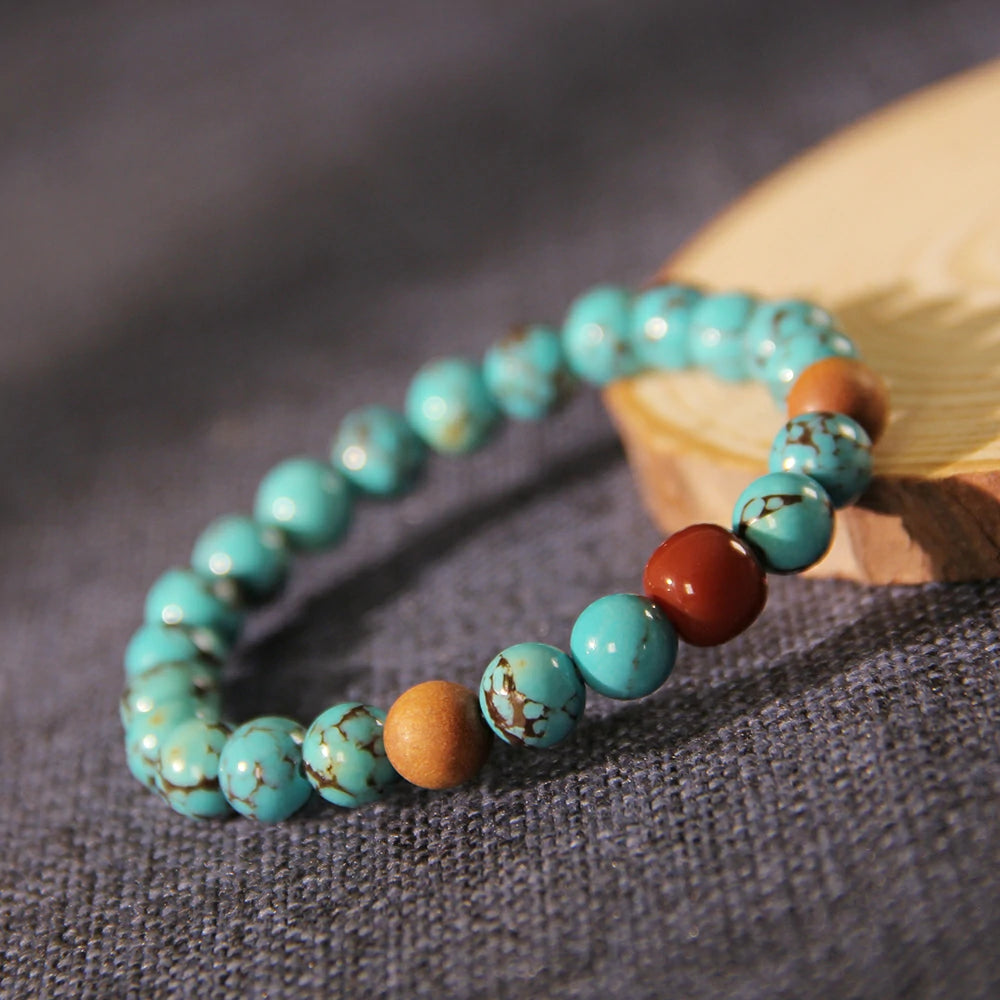 Serene Skies & Earth’s Embrace: Turquoise, Sandalwood, and Red Agate Spirit Bracelet