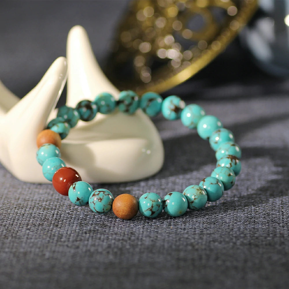 Serene Skies & Earth’s Embrace: Turquoise, Sandalwood, and Red Agate Spirit Bracelet