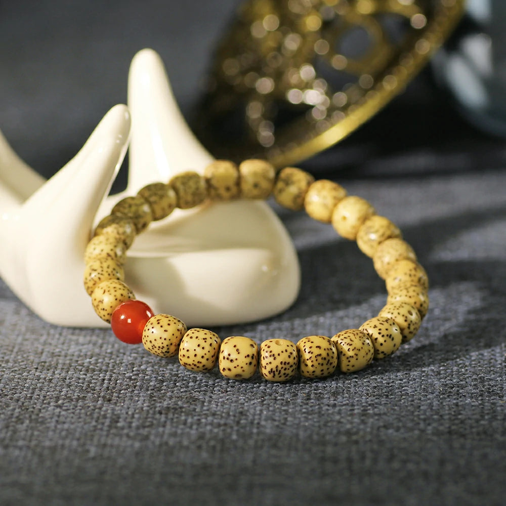 Star and Moon Bodhi Seed (Pale Yellow) Bracelet with Nanhong Red Agate