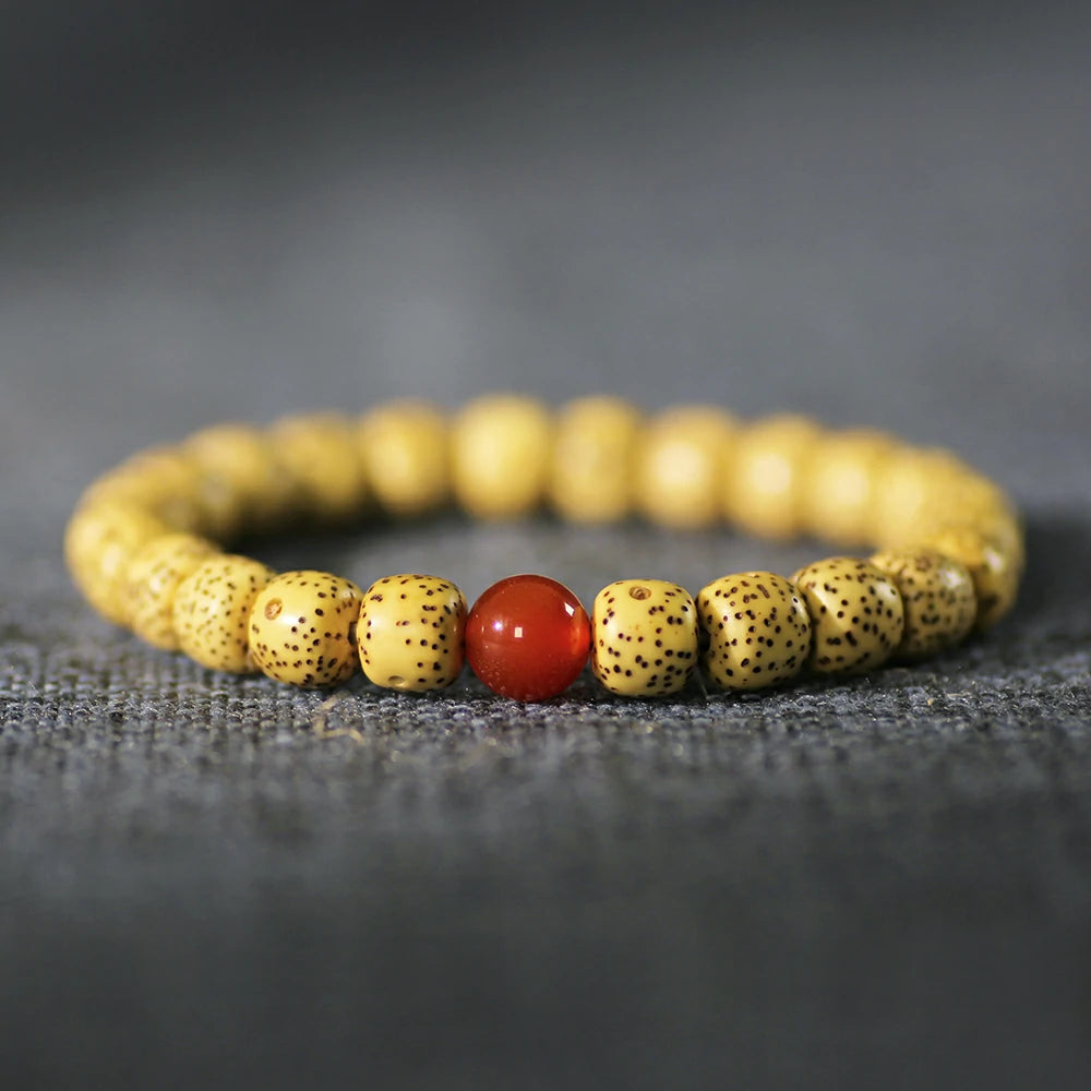 Star and Moon Bodhi Seed (Pale Yellow) Bracelet with Nanhong Red Agate