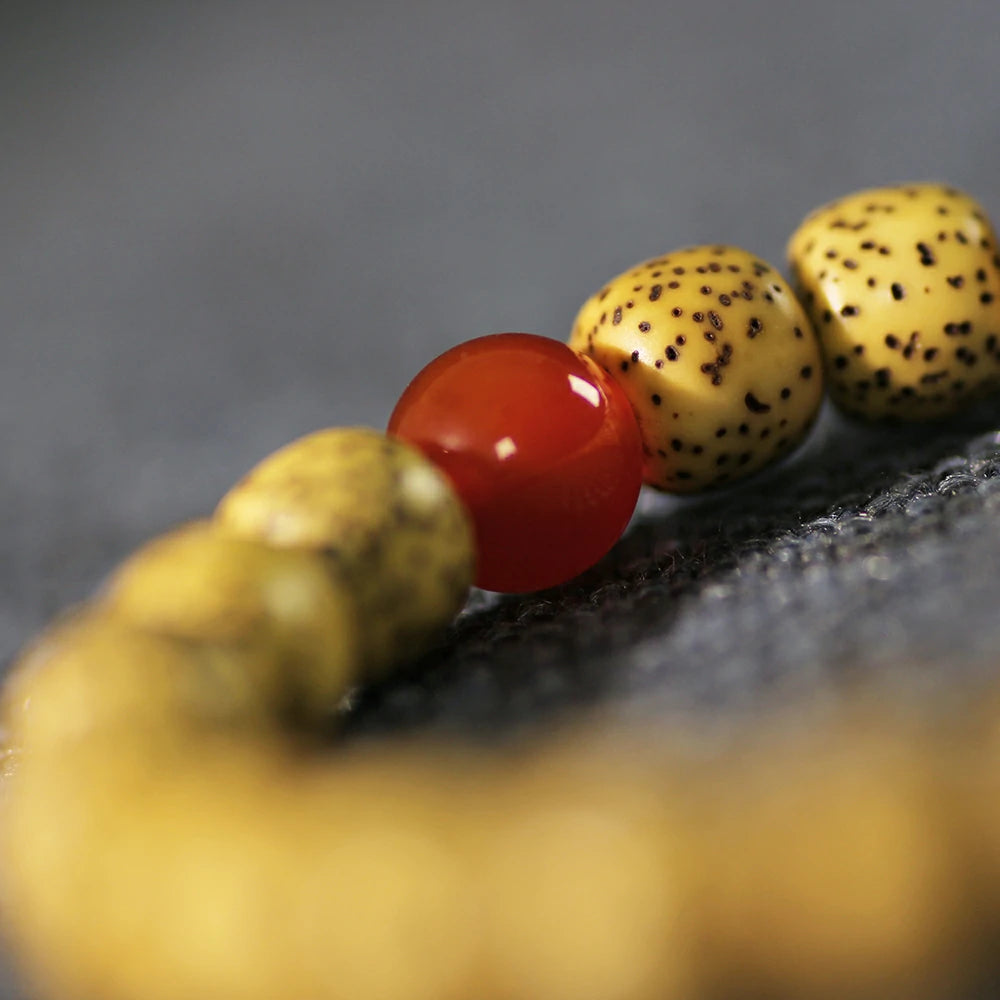 Star and Moon Bodhi Seed (Pale Yellow) Bracelet with Nanhong Red Agate