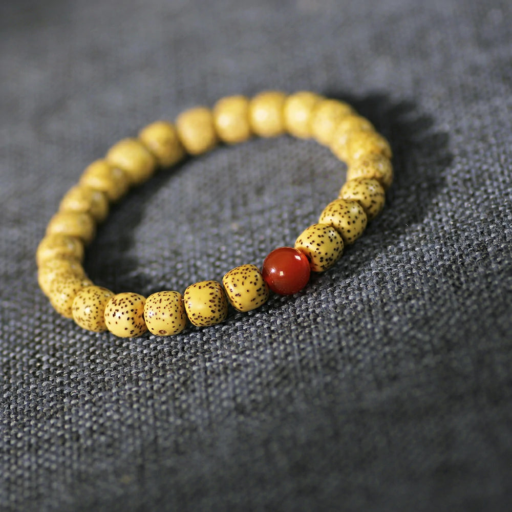 Star and Moon Bodhi Seed (Pale Yellow) Bracelet with Nanhong Red Agate