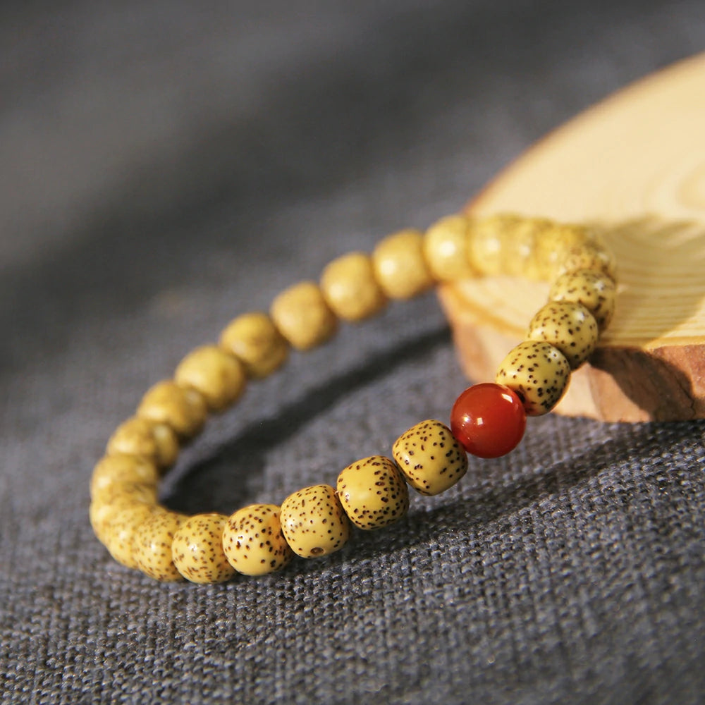 Star and Moon Bodhi Seed (Pale Yellow) Bracelet with Nanhong Red Agate
