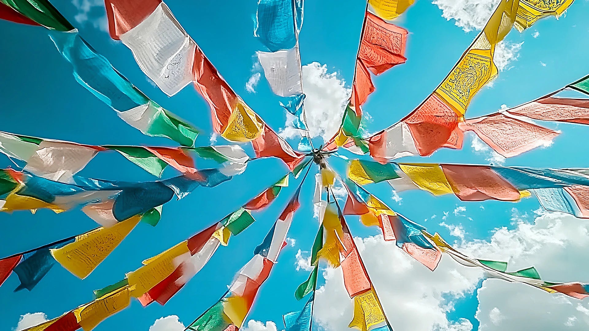 Nepalese traditional Buddhist prayer flags fluttering under blue sky and white clouds