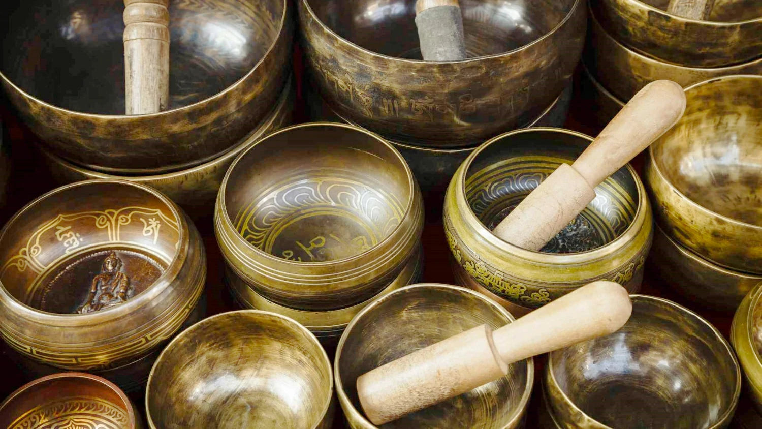 Ancient Nepalese Buddhist singing bowls of various sizes and styles