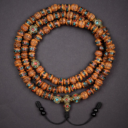 Rudraksha Mala With Turquoise & Coral Inlaid