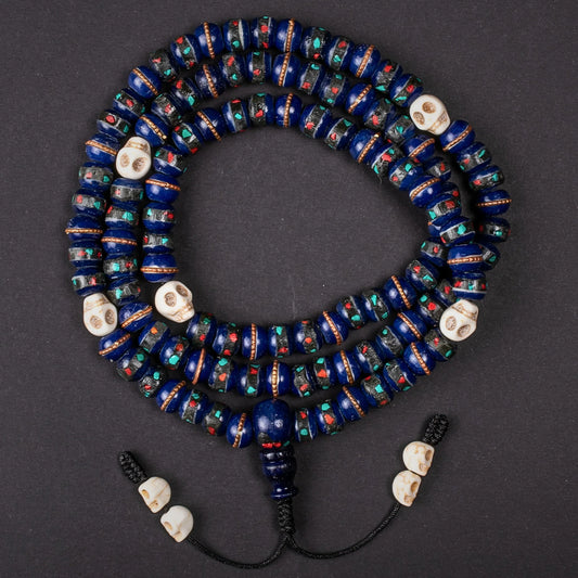 Lapis Inlaid Bone And Skull Impermanence Mala