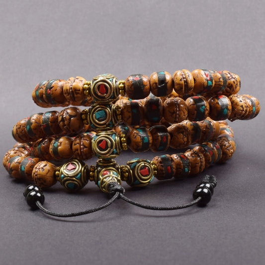 Rudraksha Mala With Turquoise & Coral Inlaid