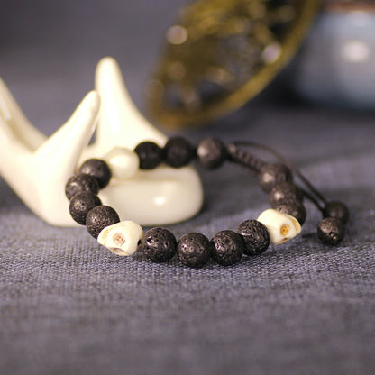 Lava Rock With Ox Bone Skull Bracelet