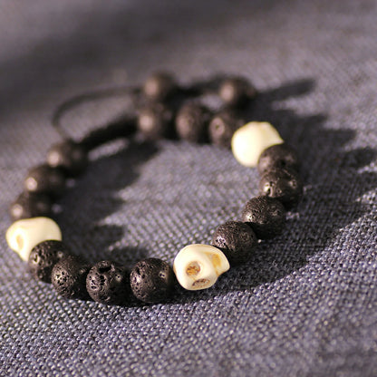 Lava Rock With Ox Bone Skull Bracelet