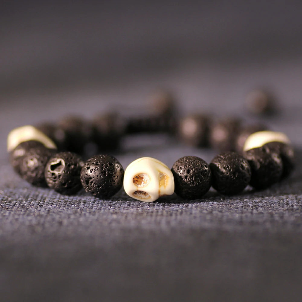 Lava Rock With Ox Bone Skull Bracelet