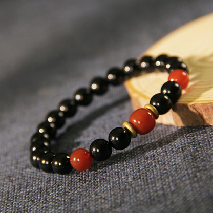 Protection and Abundance Obsidian Bracelet With Red Agate Beads