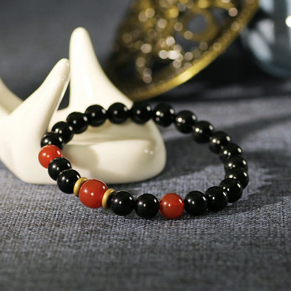 Protection and Abundance Obsidian Bracelet With Red Agate Beads