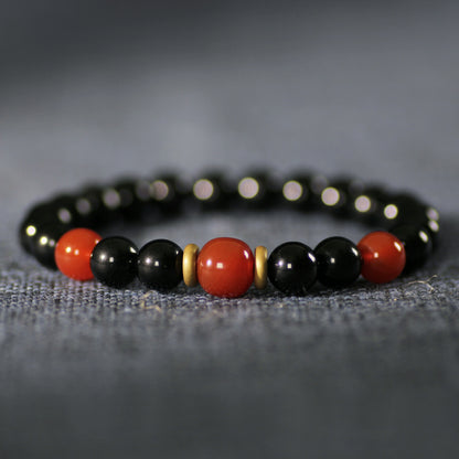 Protection and Abundance Obsidian Bracelet With Red Agate Beads