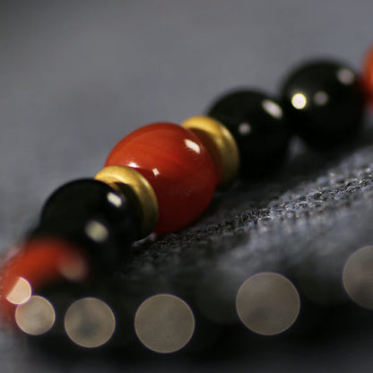 Protection and Abundance Obsidian Bracelet With Red Agate Beads