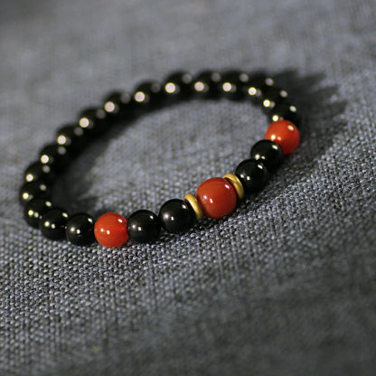 Protection and Abundance Obsidian Bracelet With Red Agate Beads