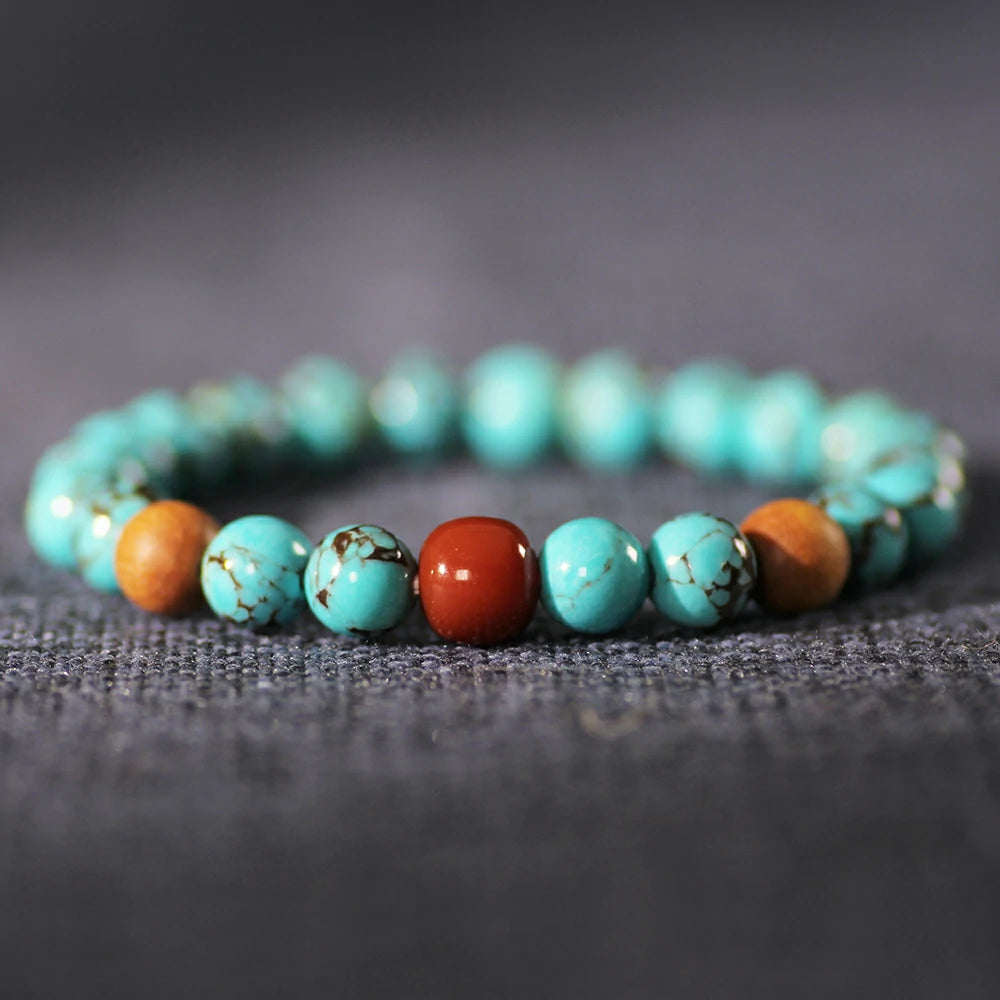Serene Skies & Earth’s Embrace: Turquoise, Sandalwood, and Red Agate Spirit Bracelet