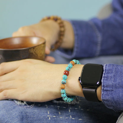Serene Skies & Earth’s Embrace: Turquoise, Sandalwood, and Red Agate Spirit Bracelet