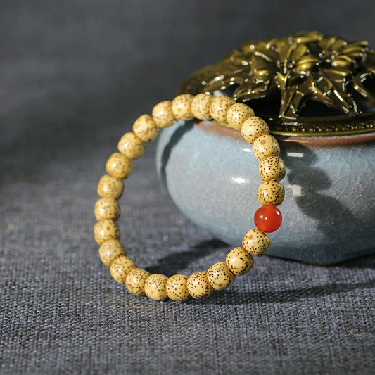 Star and Moon Bodhi Seed (Pale Yellow) Bracelet with Nanhong Red Agate