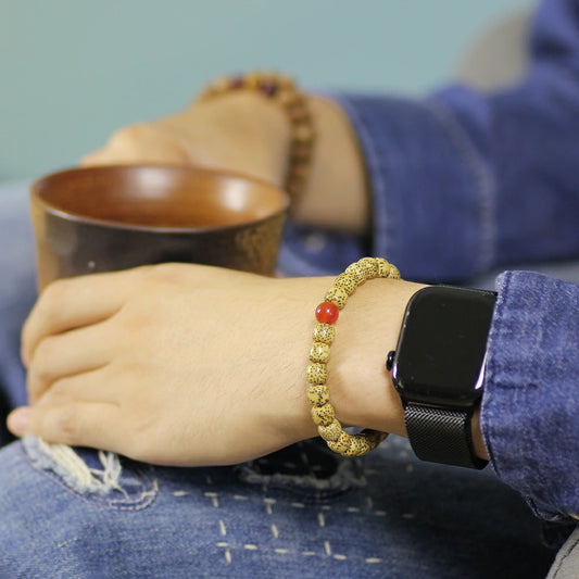 Star and Moon Bodhi Seed (Pale Yellow) Bracelet with Nanhong Red Agate