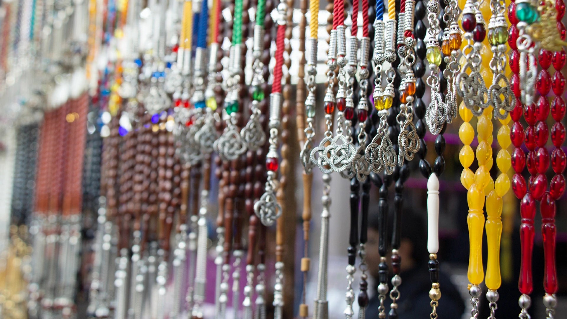A variety of colorful traditional bead necklaces