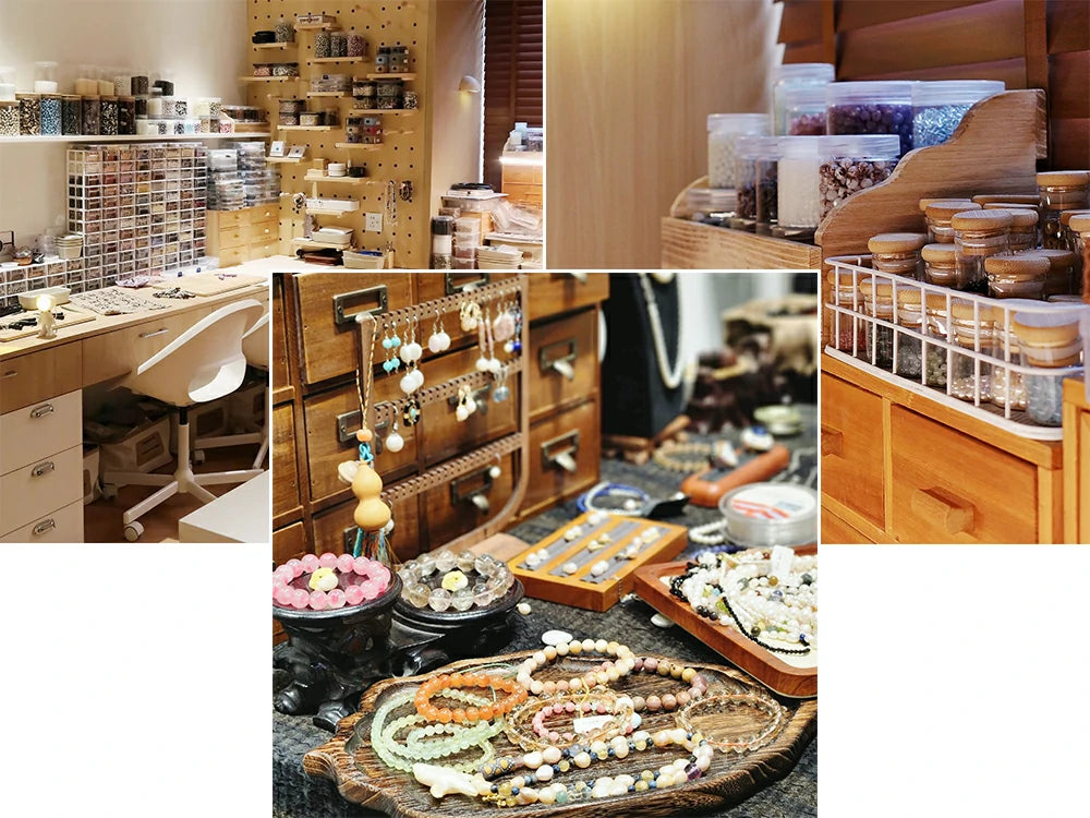 A studio with an assortment of Buddhist prayer beads stored on desks, shelves, and drawers