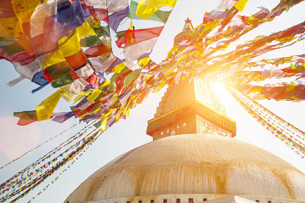 Boudhanath Stupa and prayer flags in Nepal